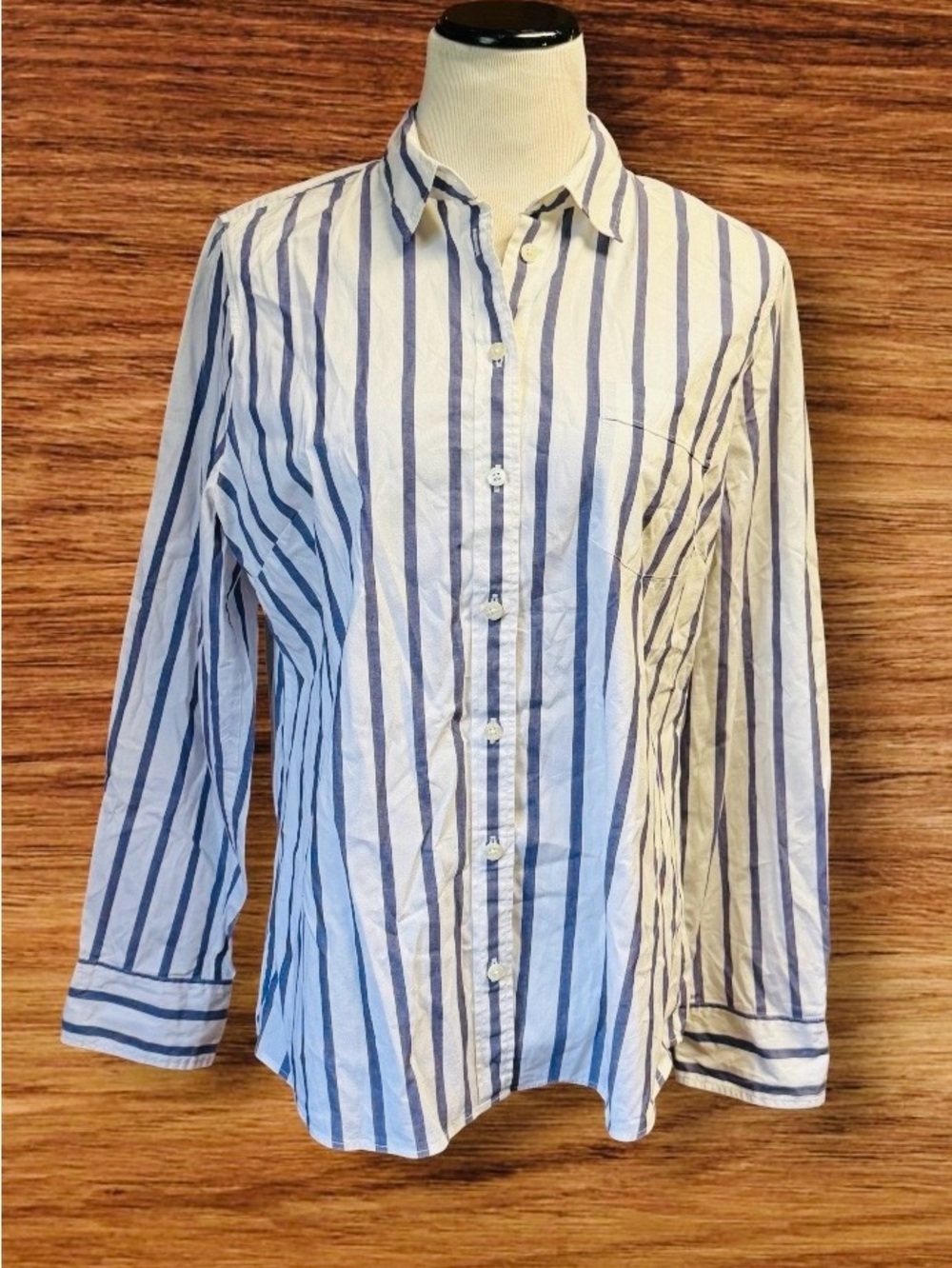 EUC J. Crew Blue and White Vertical Stripe Button-Up Shirt